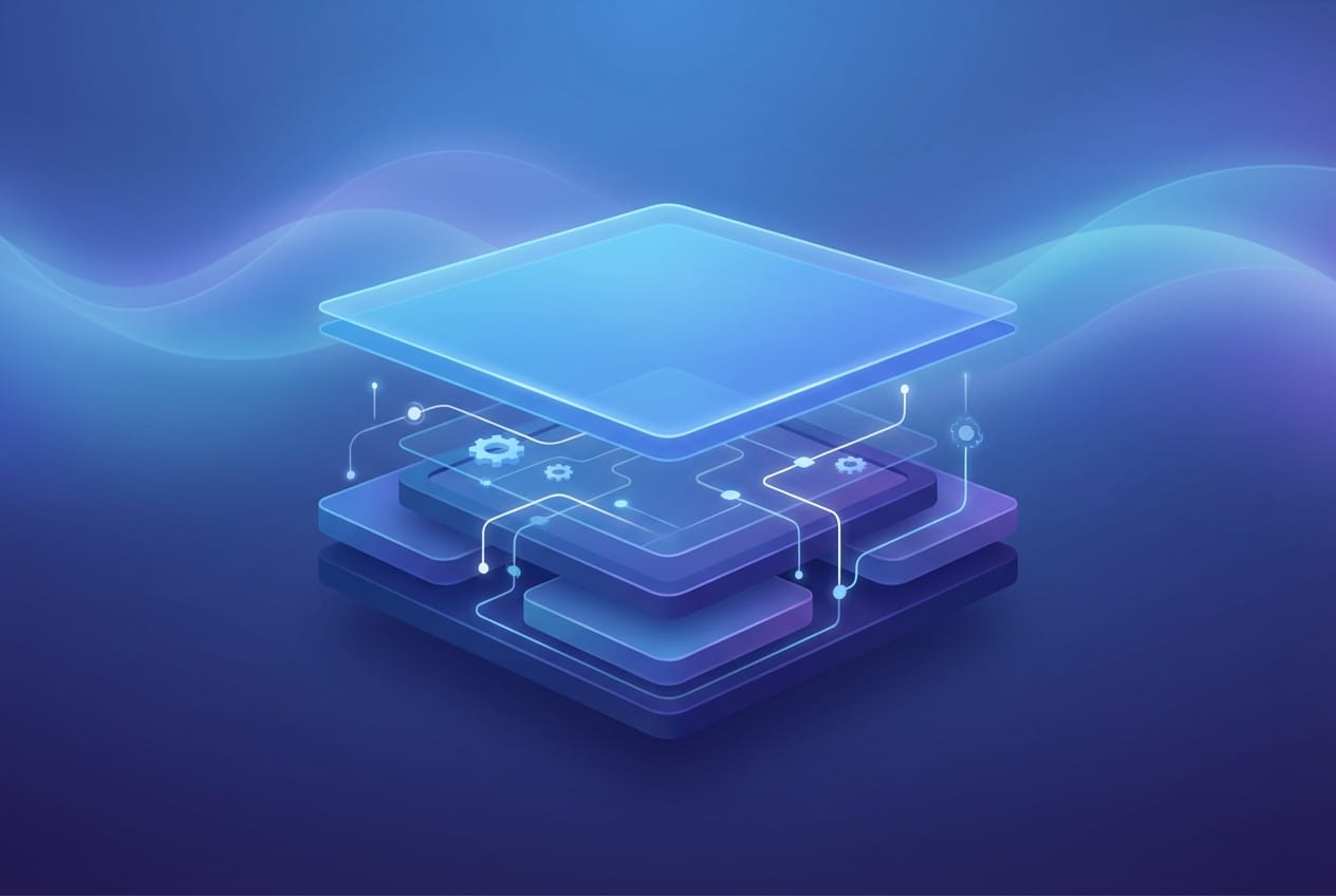 Abstract enterprise illustration showing a clean surface layer above many interconnected layers below