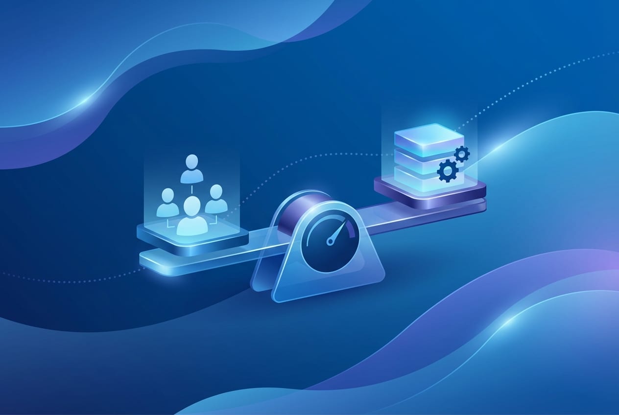 Abstract enterprise illustration of a decision scale balancing reliability, cost, and team capacity