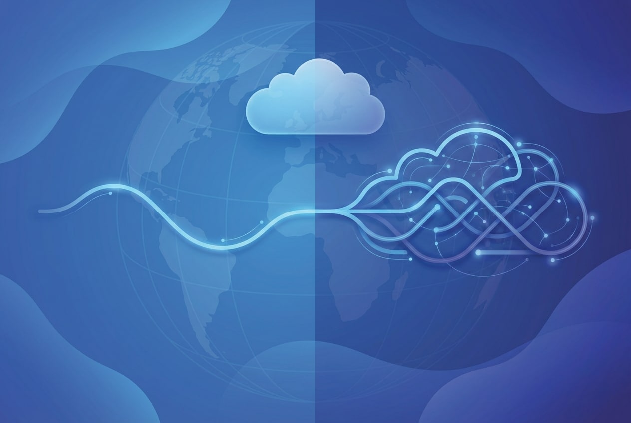 Abstract enterprise illustration showing a simple path splitting into complex interconnected layers