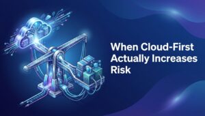 Balanced enterprise scale showing cloud-first benefits versus operational risk in a hybrid bank