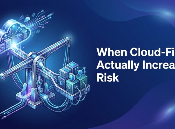 Balanced enterprise scale showing cloud-first benefits versus operational risk in a hybrid bank
