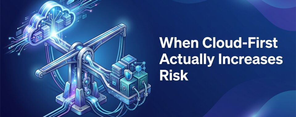 Balanced enterprise scale showing cloud-first benefits versus operational risk in a hybrid bank