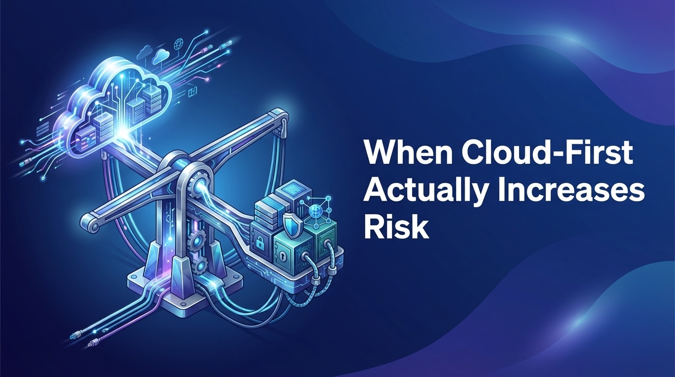 Balanced enterprise scale showing cloud-first benefits versus operational risk in a hybrid bank
