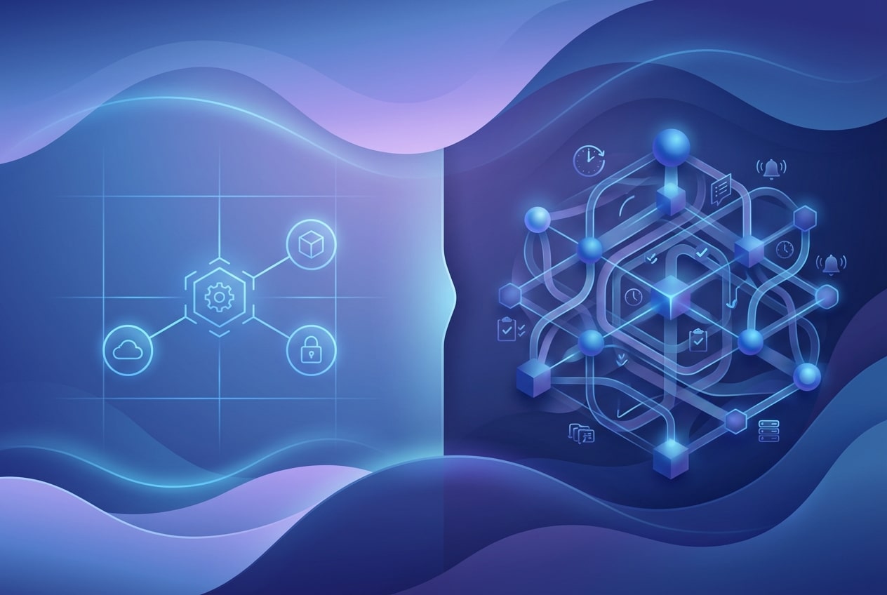 Illustration showing a simple blueprint transitioning into a complex operational environment