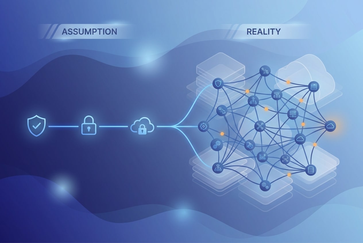 Abstract split view showing simple security assumptions versus complex real-world dependencies
