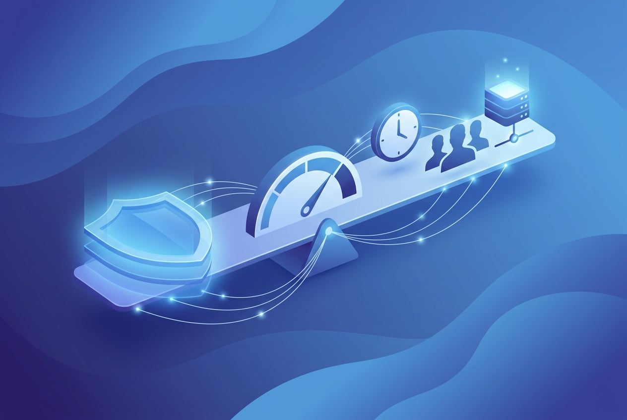 Abstract scales balancing security controls against operational load and response speed